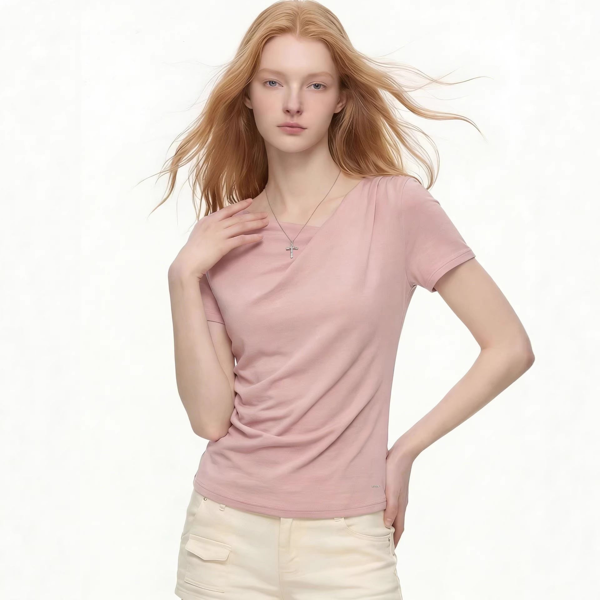 Pink Pleated Short-Sleeve Top