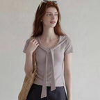 Shawl Collar Lace-Up Top