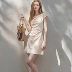 One-Shoulder Midi Dress with Pleated Waist