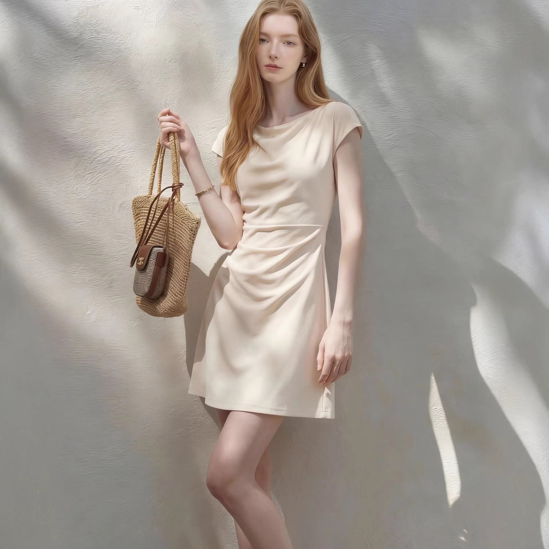 One-Shoulder Midi Dress with Pleated Waist