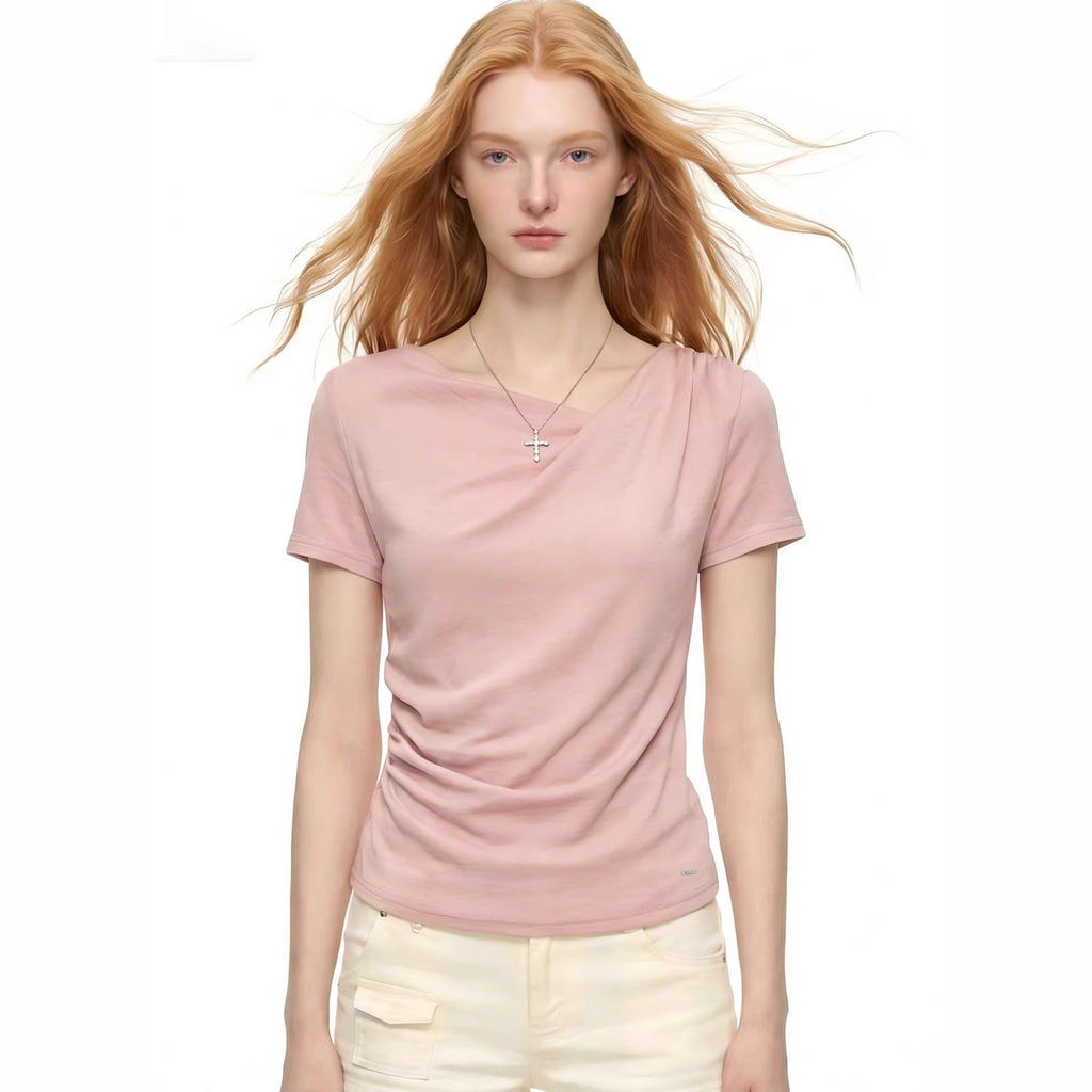 Pink Pleated Short-Sleeve Top