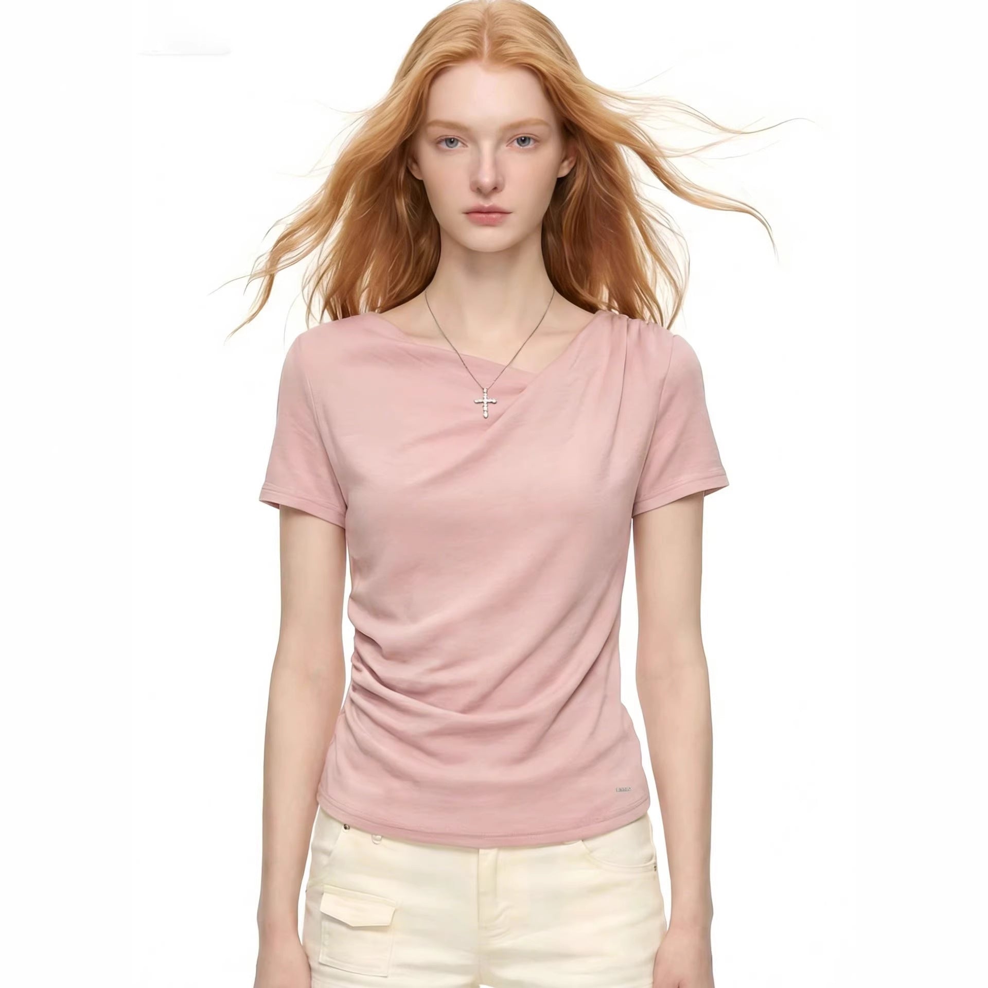 Pink Pleated Short-Sleeve Top