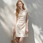 One-Shoulder Midi Dress with Pleated Waist