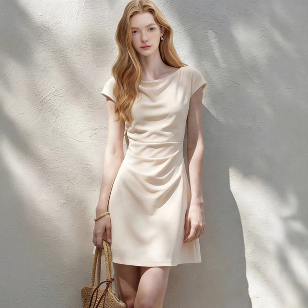 One-Shoulder Midi Dress with Pleated Waist