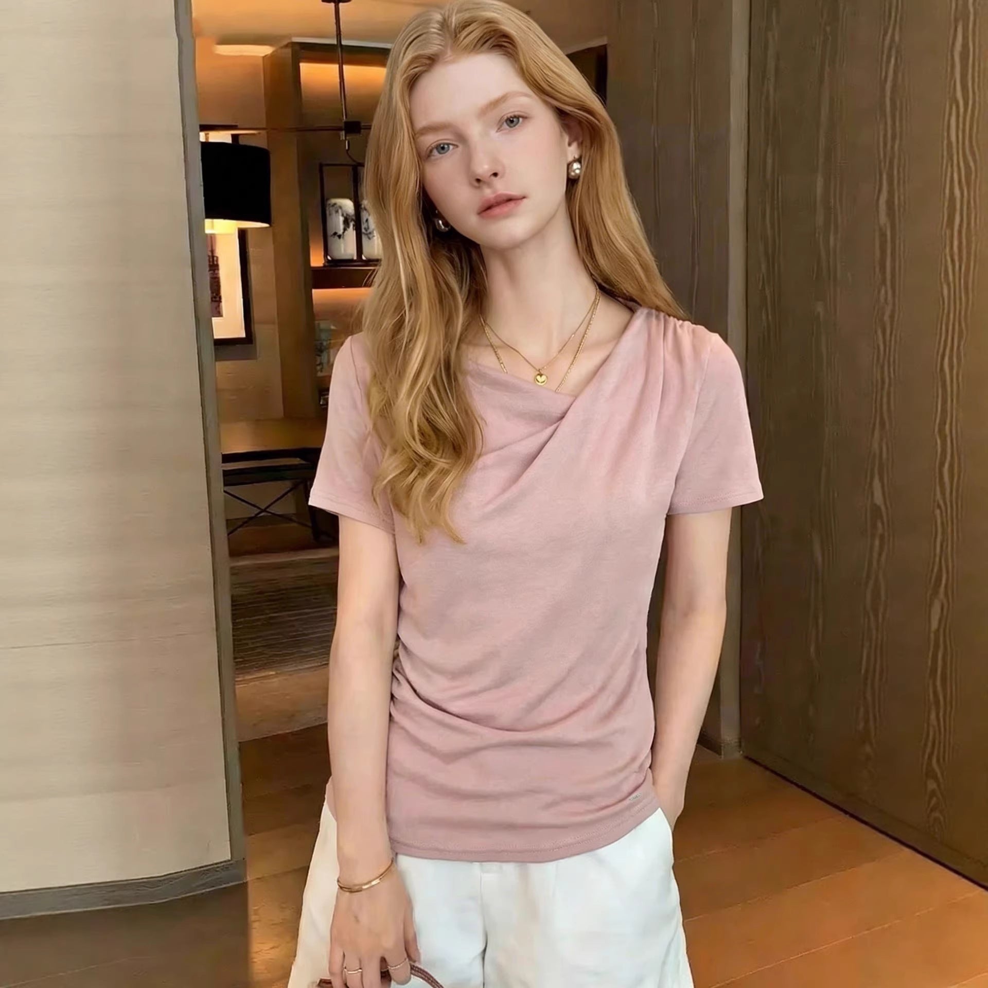 Pink Pleated Short-Sleeve Top